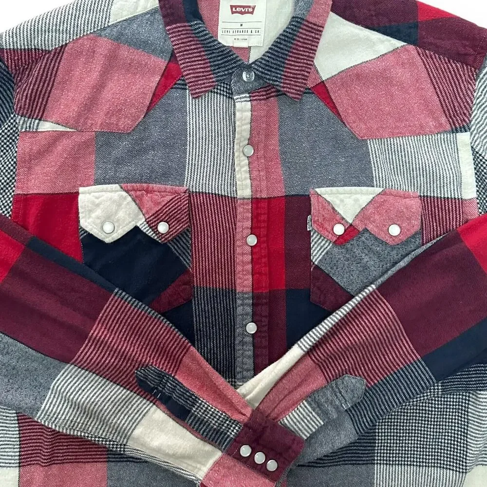 LEVI'S Western Style Plaid Button Up Shirt Pearl Snap Skate Street Red Medium